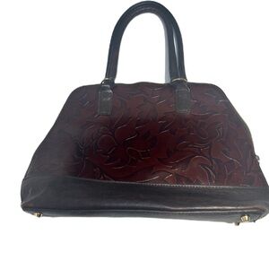 Valentina Italy Woman's Maroon Leather Floral Embossed Gold Zipper Tote Bag